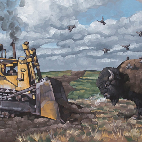 Archival Art Print, Man vs. Nature, Giclee Print of Original Oil Painting, "Buffalo vs. Bulldozer", Limited Edition of 100