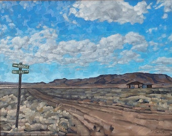 Original Oil Painting, Framed Southwestern Desert Dirt Road Landscape Painting, Road Signs, Mesa Scene - "Crossroads in the Big Valley"