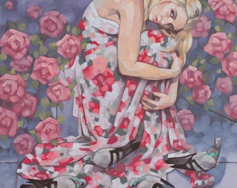 Giclee Fine Art Print of Oil Painting, Female Figure with Pink Floral Roses and Pigeons Original Art, Archival Print - "Winter Delusion"