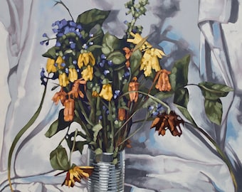 Oil Painting Flowers Still Life, Original Contemporary Art, Floral Botanical Painting, Wilted Flowers, Fine Art - "Bargain Bin Bouquet"