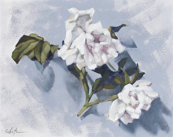 Floral Art Oil Painting, Original Botanical Specimen Painting of Wilted White Roses, Contemporary Still Life - "Blanche's Last Blooms"