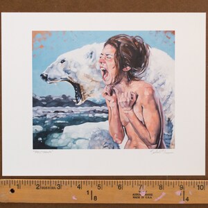 Fine Art Print, Archival Print, Giclee Print of Figurative Painting of Screaming Nude Female and Polar Bear Meltdown 5 x 7ish inches