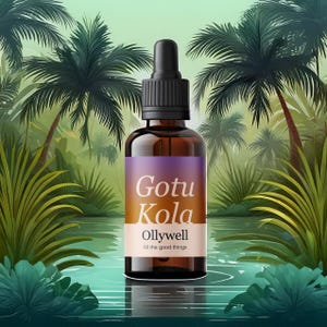 Op de afbeelding: Een bruine glazen fles met een druppelaar. De fles is gelabeld met "Gotu Kola" en "Ollywell All the good things".