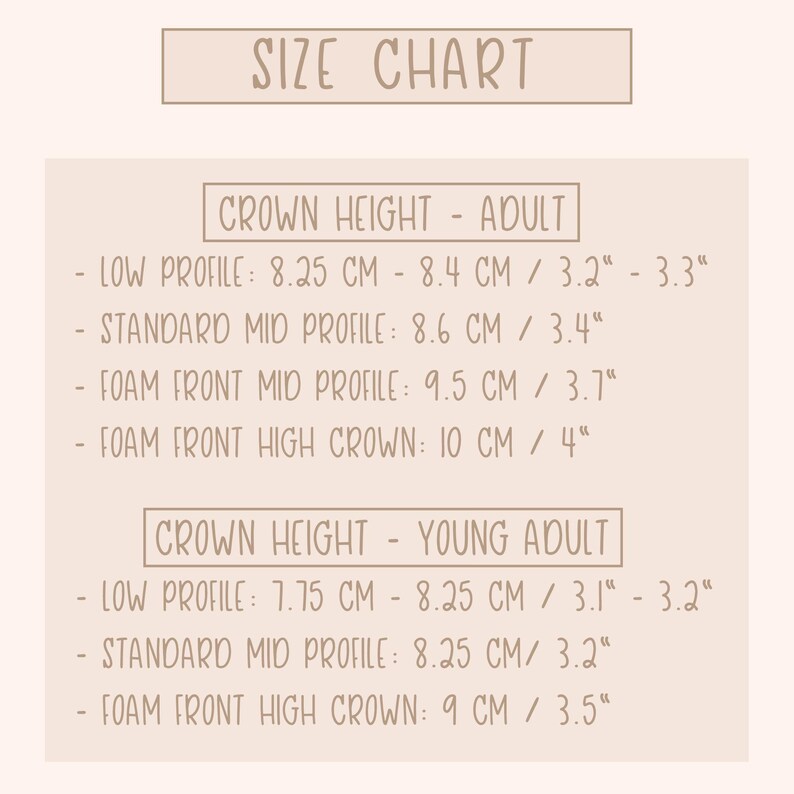 a size chart that provides the height measurements for different age groups, including young adults and adults. The chart lists the heights for various crown heights, such as 8.25 cm, 8.4 cm, 3.2 cm, 3.3 cm, and 3.5 cm. The chart is designed to help people determine the appropriate crown height based on their age.
