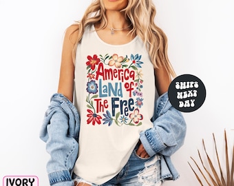 USA Shirt 4th of July Tank Top Floral USA America Land Of The Free Tank For Women Independence Day Fourth Of July Comfort Colors® Tank Top