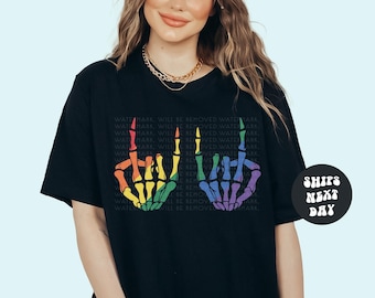 LGBT Shirt Pride Shirt Rainbow Pride Skeleton Shirt Rainbow Skeleton Rock Hands Shirt Love Wins Shirt Love is Love Shirt LGBT Equality Shirt