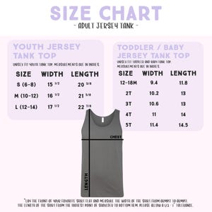 The image is a size chart for an adult jersey tank top, providing measurements and corresponding tank tops for different age groups.