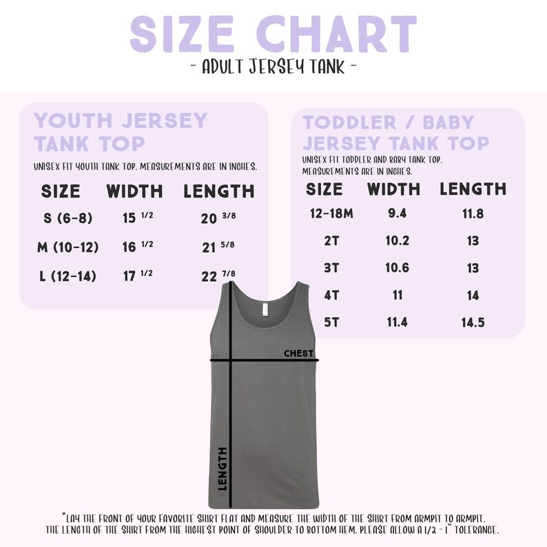 The image is a size chart for an adult jersey tank top, providing measurements and corresponding tank tops for different age groups.