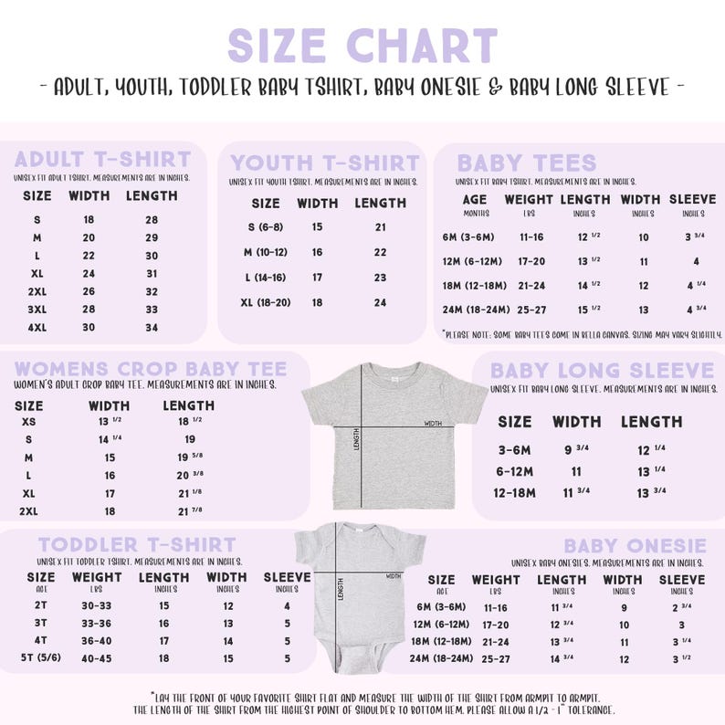 The image is a size chart for children's clothing, including a t-shirt, a long sleeve, and a baby onesie. The chart provides measurements and sizes for different age groups, such as infants, toddlers, and young children.