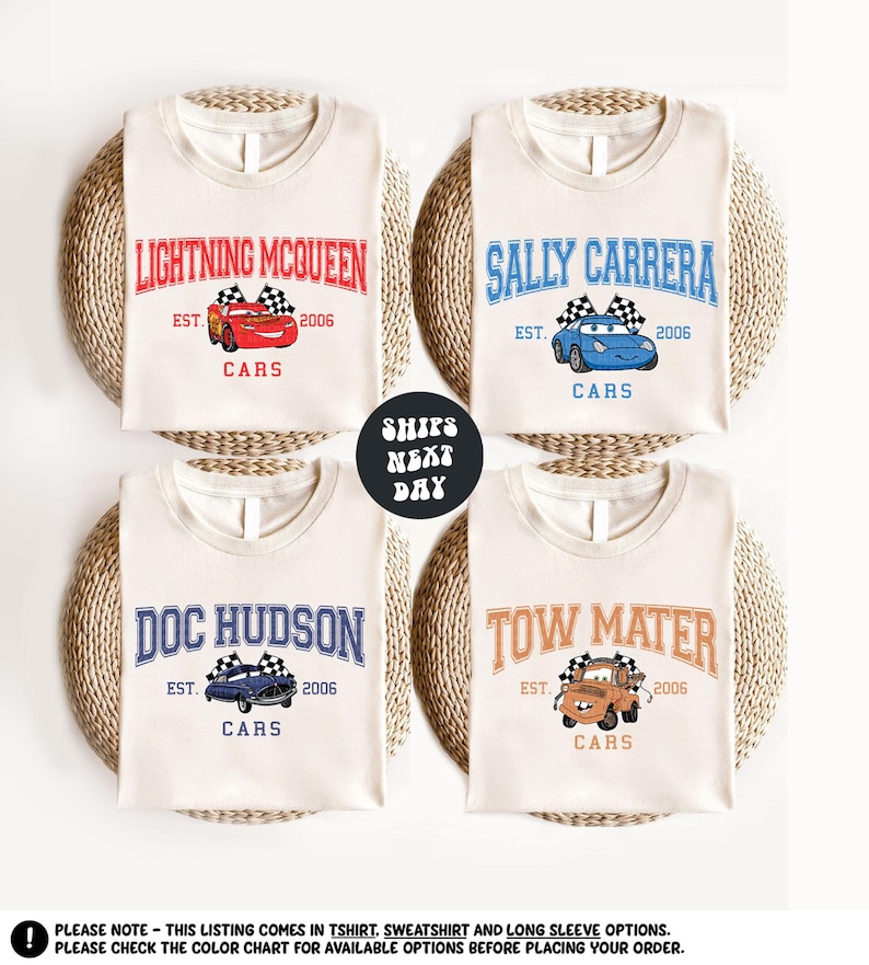 a set of four t - shirts with cars on them