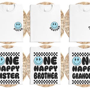 a collection of six white t-shirts with black text and smiley faces, arranged in a grid pattern.