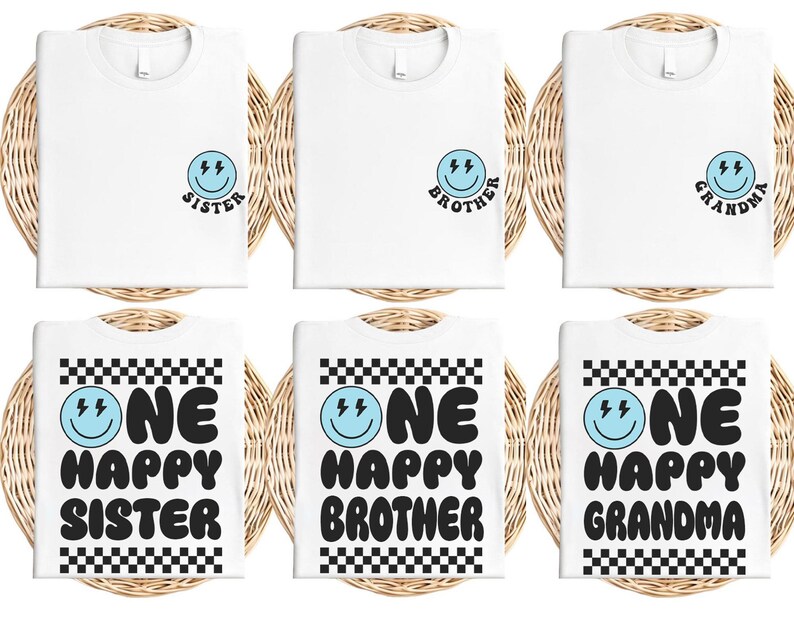 a collection of six white t-shirts with black text and smiley faces, arranged in a grid pattern.