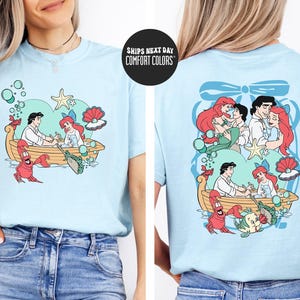 The image is a collage of two images featuring the Disney character Ariel from The Little Mermaid. The first image shows Ariel sitting in a boat surrounded by bubbles, while the second image shows Ariel and her friends in a boat surrounded by bubbles.