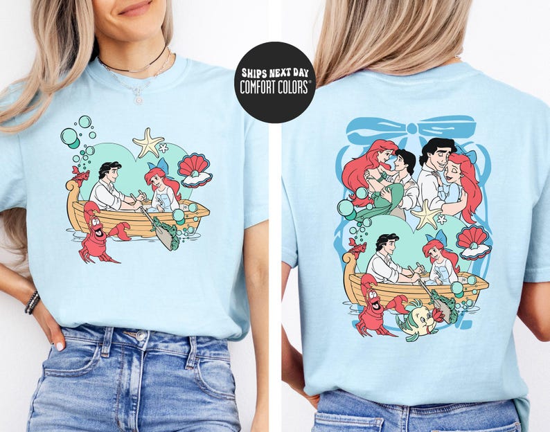 The image is a collage of two images featuring the Disney character Ariel from The Little Mermaid. The first image shows Ariel sitting in a boat surrounded by bubbles, while the second image shows Ariel and her friends in a boat surrounded by bubbles.