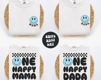 Custom Birthday Boy Shirt One HAPPY Dude Birthday Shirt Matching Birthday Sweatshirts Retro Groovy Checkered Family Birthday Party Outfit