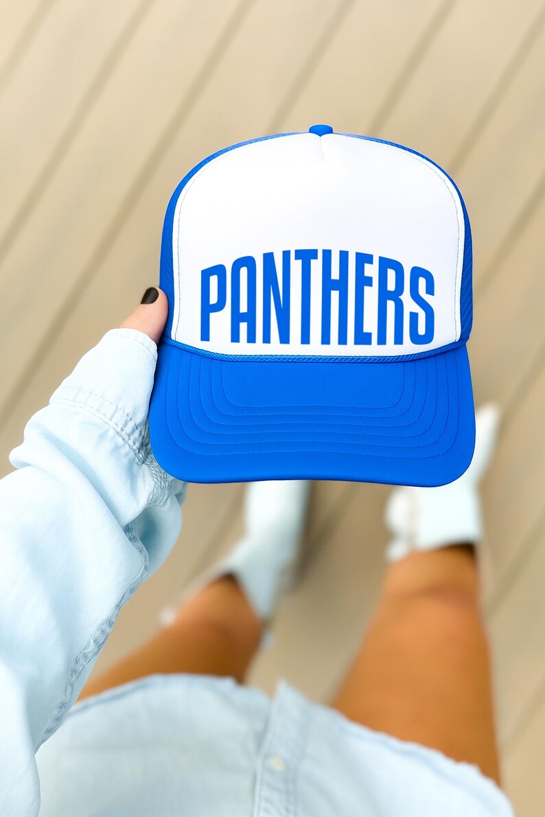A person is holding a blue and white baseball cap with the word "Panthers" written on it.
