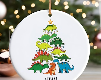 Personalized Dinosaur Christmas tree Ornament Custom Kids Holiday Keepsake with T-Rex Triceratops Velociraptor Dino Parade Ornament For Boys