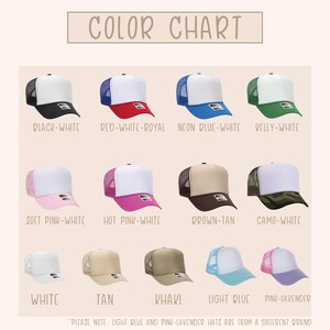 a color chart with various colored trucker hats, including black, white, red-royal, neon blue-white, klly-white, soft pink-white, hot pink-white, brown-tan, camo-white, white, tan, khaki, light blue, and pink-lavender.