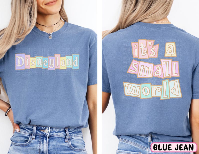 A woman wearing a blue t-shirt with the text "Disneyland it's a small world" printed on it.