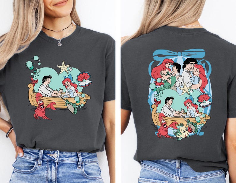 The image is a collage of two photos featuring a woman wearing a black t-shirt with a graphic design of characters from the Disney movie "The Little Mermaid".