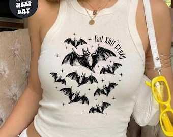Bat Shit Crazy Baby Tee Cute Halloween Baby Fit Shirt Halloween Crop Top Y2K Halloween Baby Tee Halloween Crop Tank Top Halloween Racer Tank