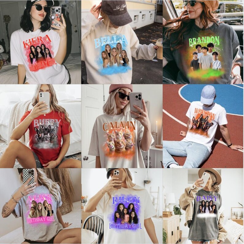 a collage of photos of people wearing t - shirts