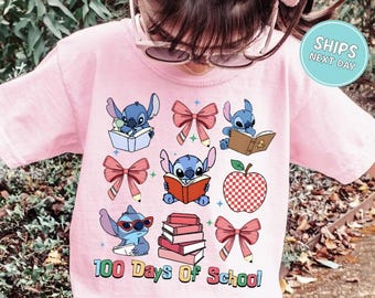 Stitch 100 Days of School Shirt Disney 100 Days of School Shirt 100th Day of School Coquette Girls Tee 100 Days Shirt Girls Stitch and Angel