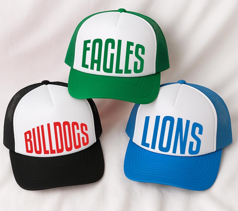 Three baseball caps with different team names printed on them.