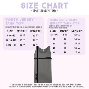 The image is a size chart for an adult jersey tank top, providing measurements and corresponding tank tops for different age groups.