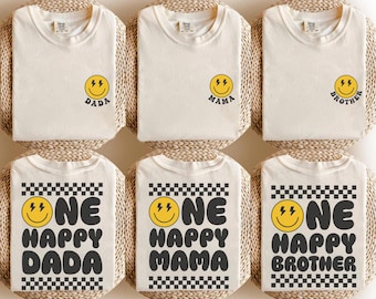 Custom Birthday Boy Comfort Colors® Shirt One HAPPY Dude Birthday Shirt Matching Birthday Retro Groovy Checkered Family Birthday Party Shirt