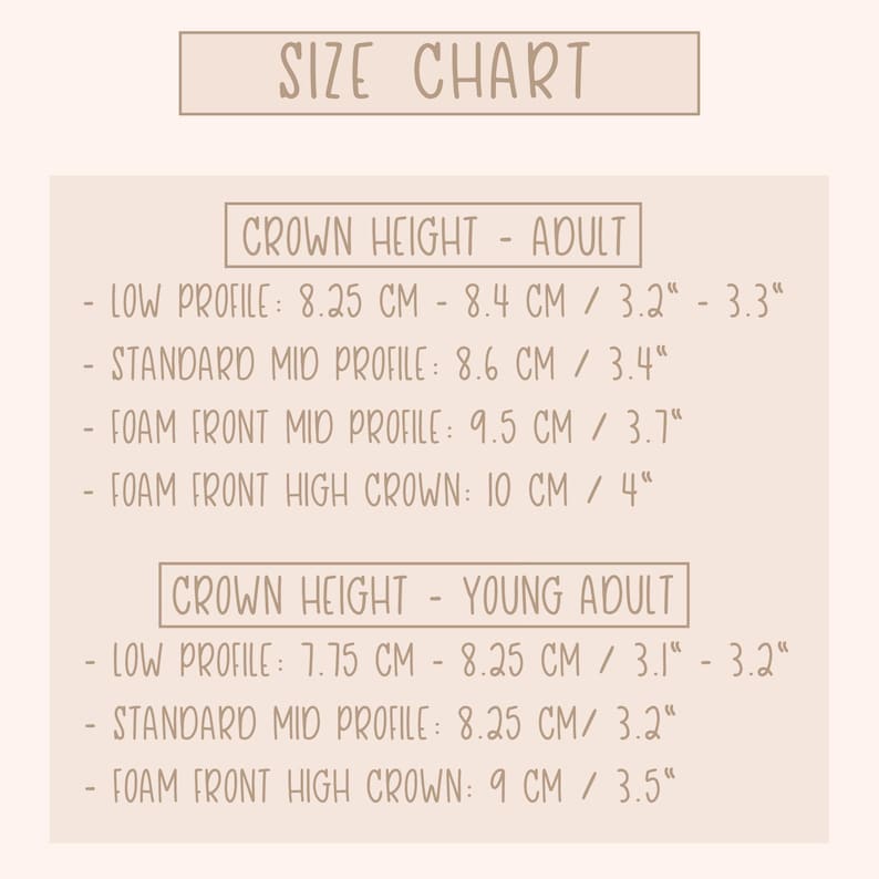 a size chart that provides the height measurements for different age groups, including young adults and adults. The chart lists the heights for various crown heights, such as 8.25 cm, 8.4 cm, 3.2 cm, 3.3 cm, and 3.5 cm. The chart is designed to help people determine the appropriate crown height based on their age.