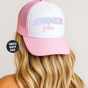 Summer Vibes Hat Pastel Graphic Trucker Hat for Women and Teens Adjustable Snapback Hats Trendy Girly Cap Summer Traveling Vacation Hats