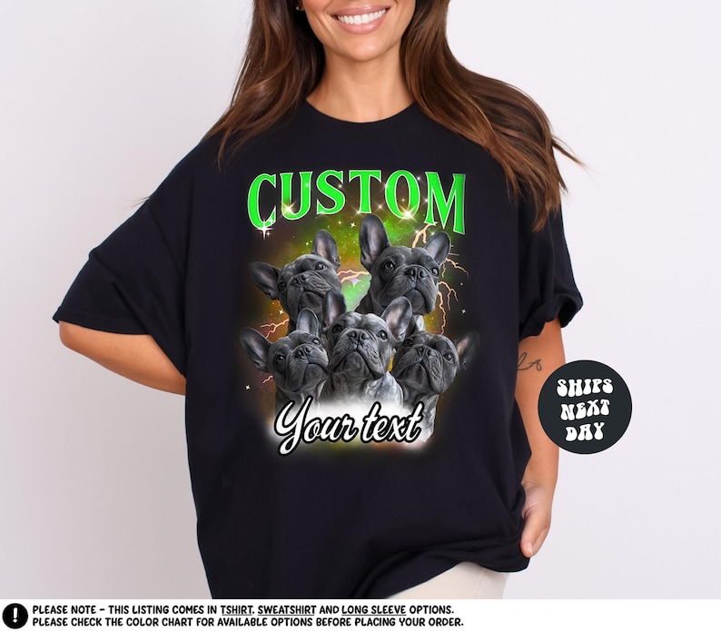 a woman wearing a black shirt with three dogs on it
