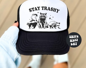 Raccoon Trucker Hat Stay Trashy Trucker Hat for Women and Men Funny Raccoon Hat Snapback Adjustable Hat Funny Gift For Friend Raccoon Lover