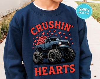 Boys Valentines Day Sweatshirt Monster Truck Kids Valentine Shirt I Crushin Hearts Shirt Valentines Tee Truck Lover Shirt Toddler Baby Shirt