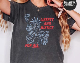 Camiseta cuadrada Comfort Colors® del 4 de julio, Top corto Libertad y Justicia para Todos, Camiseta sin mangas Resiste Pro Democracia, Camiseta de bebé liberal de izquierda del 4 de julio
