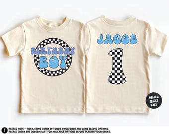 Personalized Birthday Boy Shirt First Birthday Outfit Blue Theme Checkered Groovy Birthday Sweatshirt Toddler Baby Custom Birthday Boy Shirt