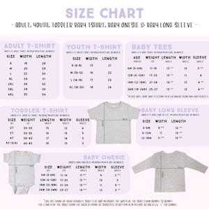 The image is a size chart for children's clothing, including a toddler t-shirt, a baby onesie, and a baby long sleeve. The chart provides measurements for different age groups, such as infants, toddlers, and young children.
