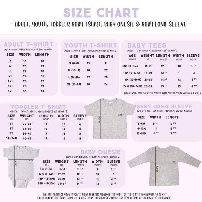 The image is a size chart for children's clothing, including a toddler t-shirt, a baby onesie, and a baby long sleeve. The chart provides measurements for different age groups, such as infants, toddlers, and young children.