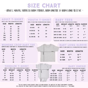 The image is a size chart for children's clothing, including a t-shirt, a long sleeve, and a baby onesie. The chart provides measurements and sizes for different age groups, such as infants, toddlers, and young children.