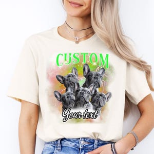 a woman wearing a t - shirt with three dogs on it