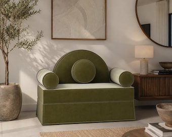 Handmade Sculptural Accent Chair, Olive Green Velvet Lounge Seating, Contemporary Geometric Armchair