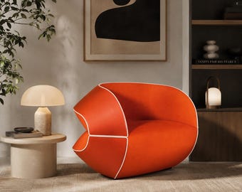 Handmade Sculptural Burgundy Armchair, Calfskin Leather Back, Wool Velvet Seat, Limited Edition Lounge Furniture