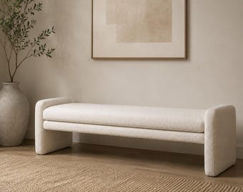 Boucle Ottoman, Modern Upholstered Seat, Cream Textured Stool, Contemporary Living Room Furniture