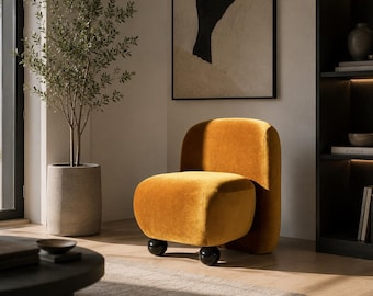 Handmade Mustard Yellow Velvet Accent Chair, Sculptural Armchair, Glossy Sphere Legs