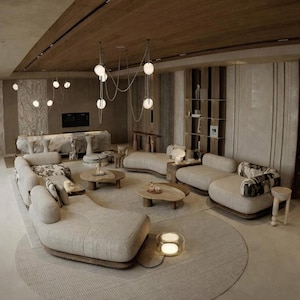 May include: A modern living room with a neutral color palette. The room features curved sofas, wooden coffee tables, and a round rug. Overhead, globe pendant lights hang from the ceiling. The space is designed with a focus on natural materials and a minimalist aesthetic.