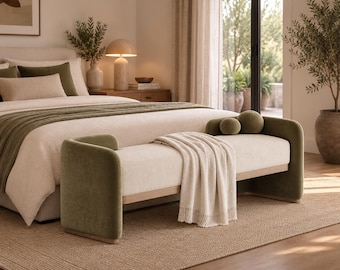 Handmade Modern Upholstered Bench, Auburn Velvet, Wood Detail Accent Seating Entryway Furniture