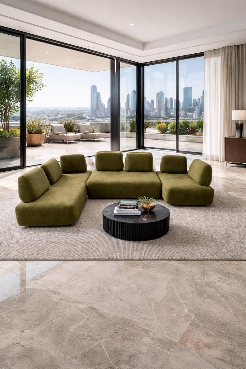 Modern Mustard Modular Sectional Sofa, Textured Upholstery, L Shape Lounge Couch, Teddy Sofa, Living Room Green