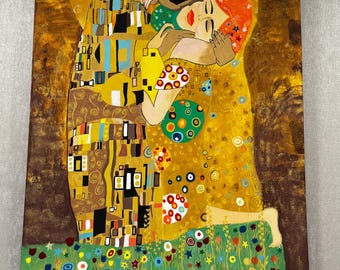 The Kiss Inspired Wall Art, Gustav Klimt Style Painting, Gold Abstract Couple Canvas, Colorful Romantic Wall Decor, Handmade Artwork
