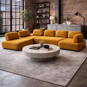 Modern Mustard Modular Sectional Sofa, Textured Upholstery, L Shape Lounge Couch, Teddy Sofa, Living Room image 2